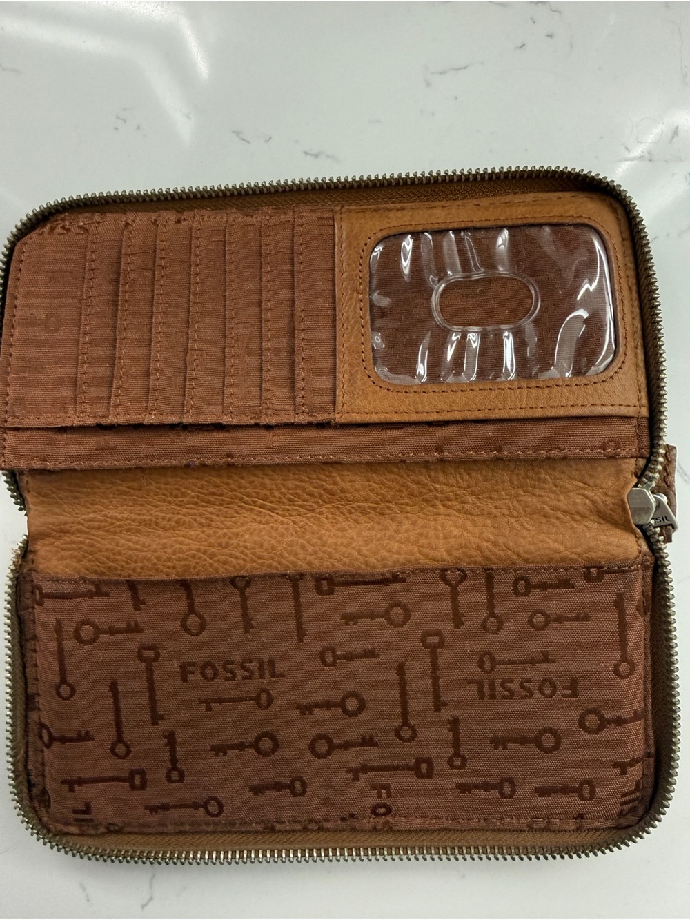 Vintage Fossil Leather Zip Around Wallet Brown Tan Key Print Lining - Picture 15 of 16